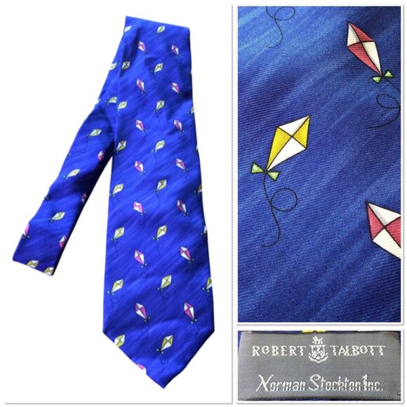 Robert Talbott Norman Stockton Inc. Blue Kite Patterned Silk Tie Preppy Novelty - Picture 1 of 6